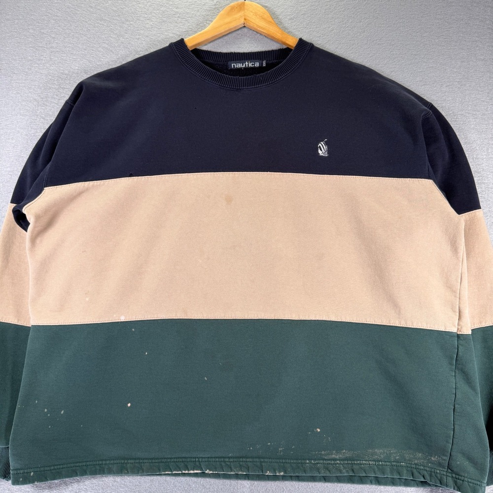 Vintage Nautica Color Block Crewneck Sweatshirt Mens XXL Pullover Navy Green
